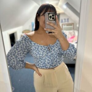 Wild Fable Blue and White Puff Sleeve Crop Blouse